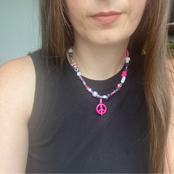 Peace of My Heart Beaded Pendant Necklace Silver Crystal Stone Evil Eye Heart - Picture 1 of 14